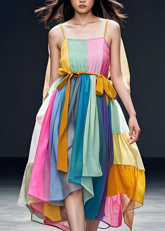 Colorblock Patchwork Cotton Spaghetti Strap Dress Sleeveless