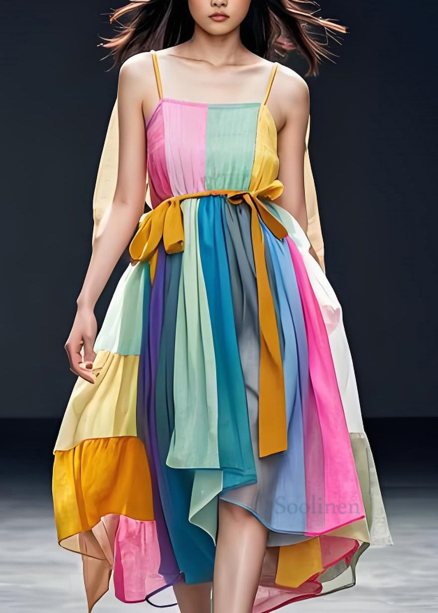 Colorblock Patchwork Cotton Spaghetti Strap Dress Sleeveless