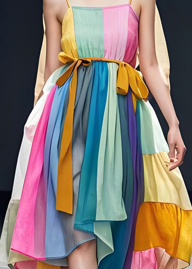 Colorblock Patchwork Cotton Spaghetti Strap Dress Sleeveless