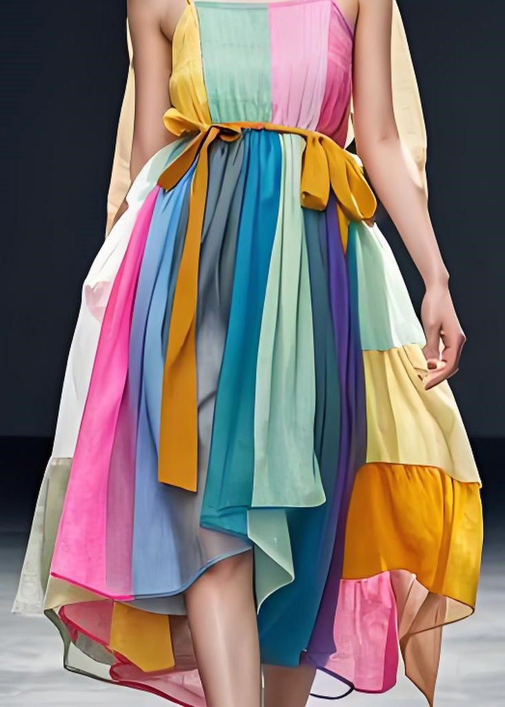 Colorblock Patchwork Cotton Spaghetti Strap Dress Sleeveless