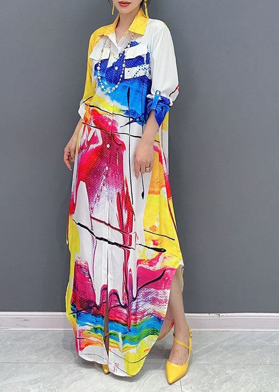 Colorblock Peter Pan Collar Print Button Maxi Shirts Dress Fall