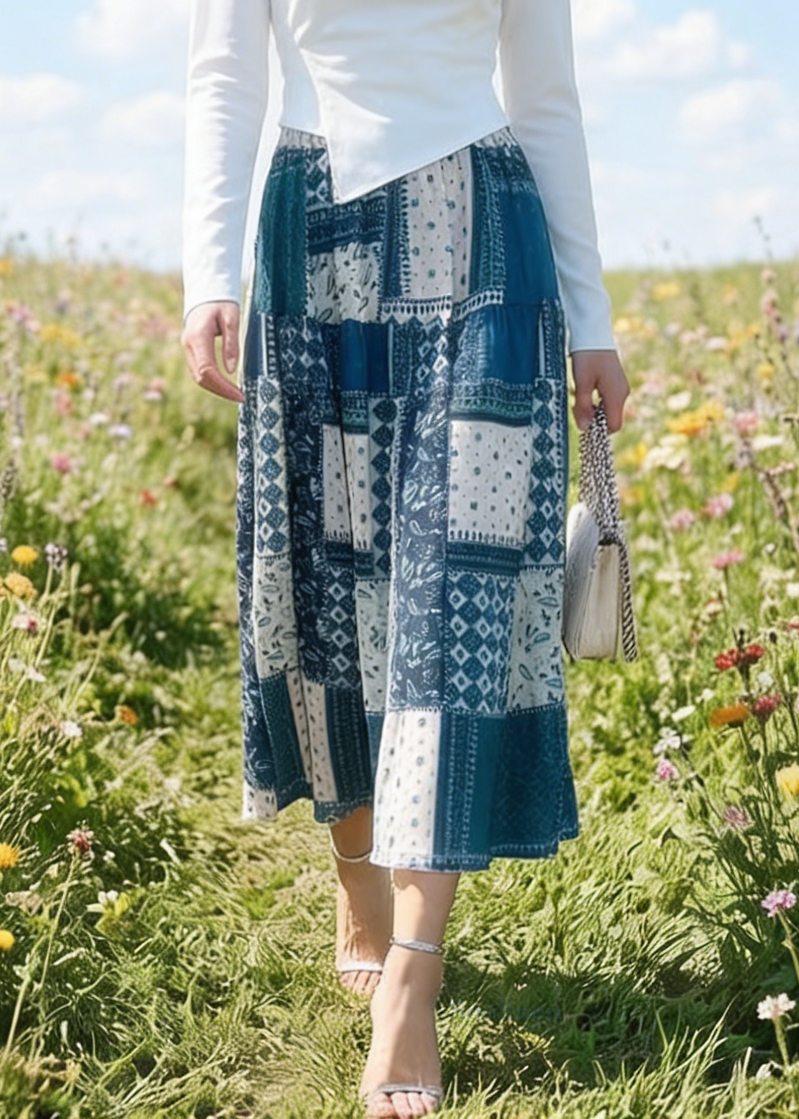 Colorblock Plaid Elastic Waist Cotton Skirt Summer
