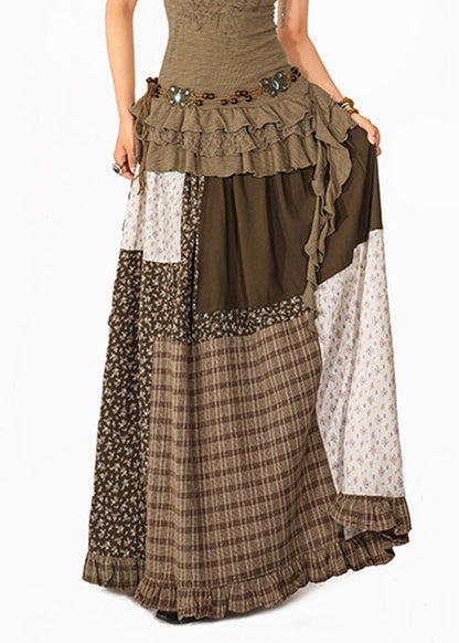 Colorblock Print Plaid Patchwork Maxi Skirt