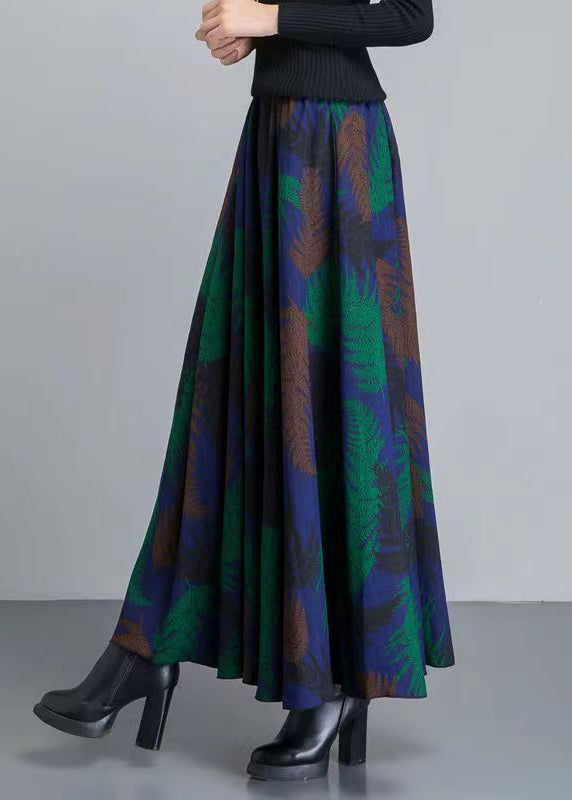 Colorblock Print Pockets Elastic Waist Cotton Skirt Winter