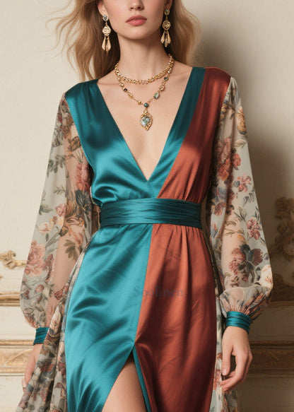 Colorblock Print Side Open Chiffon Maxi Dress Summer