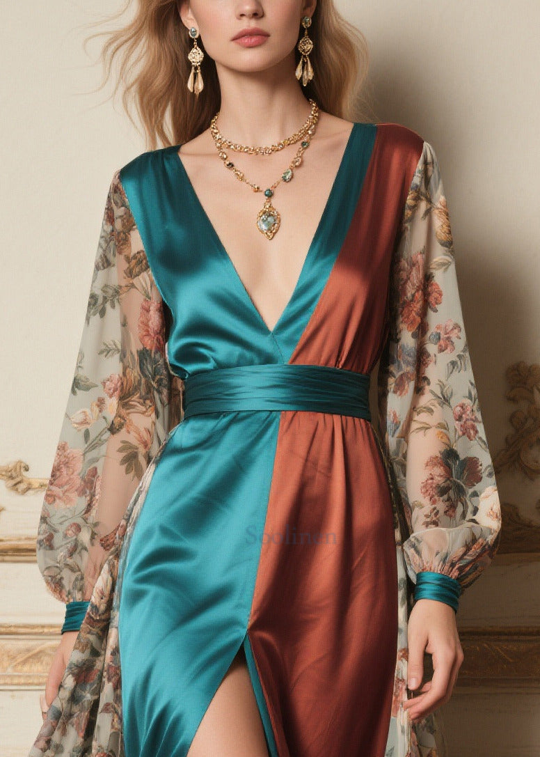 Colorblock Print Side Open Chiffon Maxi Dress Summer