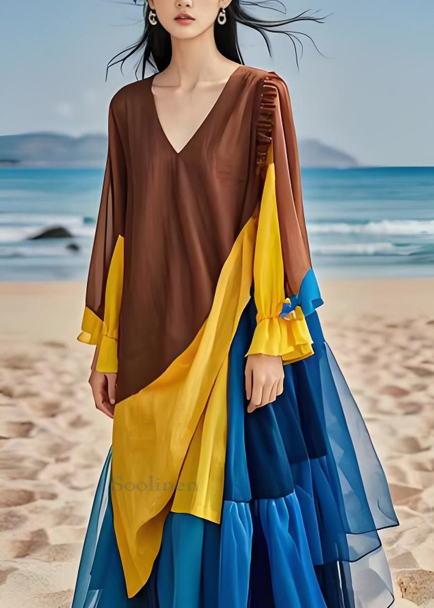 Colorblock Ruffled Chiffon Patchwork Cotton Dress Long Sleeves