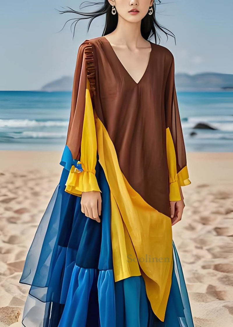 Colorblock Ruffled Chiffon Patchwork Cotton Dress Long Sleeves