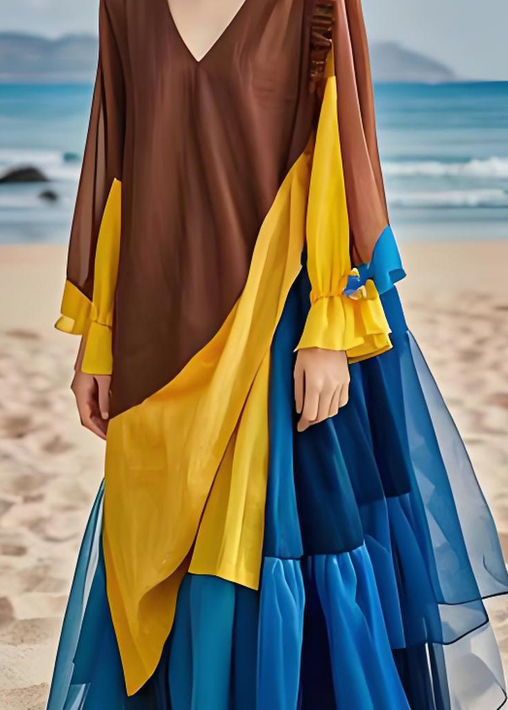 Colorblock Ruffled Chiffon Patchwork Cotton Dress Long Sleeves