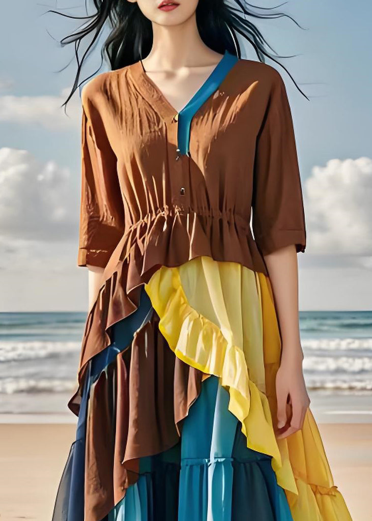 Colorblock Ruffled Chiffon Patchwork Cotton Dress Summer