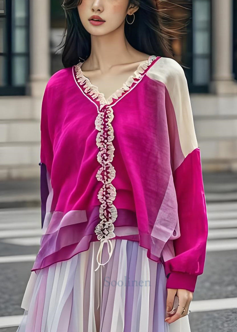 Colorblock Ruffled Patchwork Cotton Tops Long Sleeve