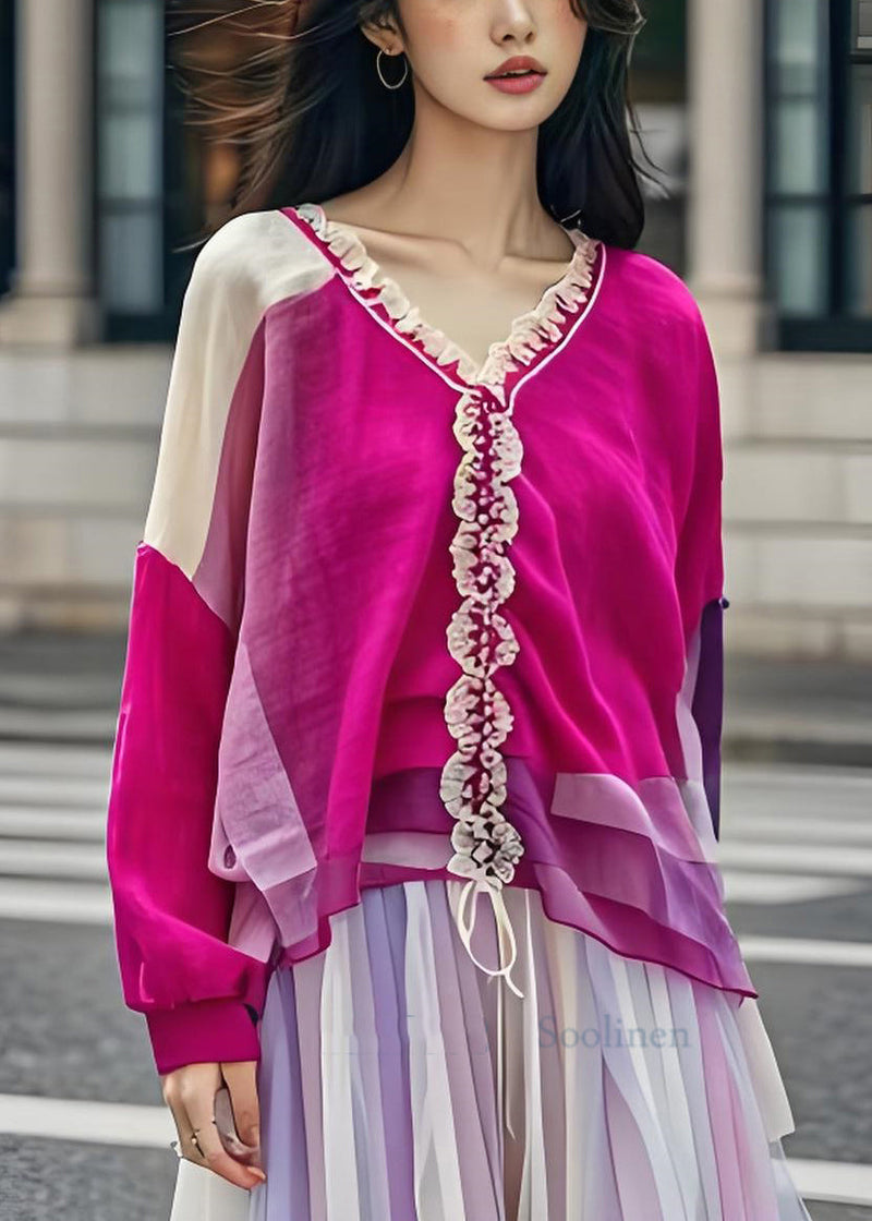 Colorblock Ruffled Patchwork Cotton Tops Long Sleeve