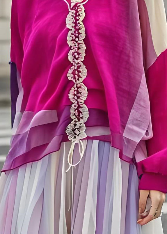 Colorblock Ruffled Patchwork Cotton Tops Long Sleeve