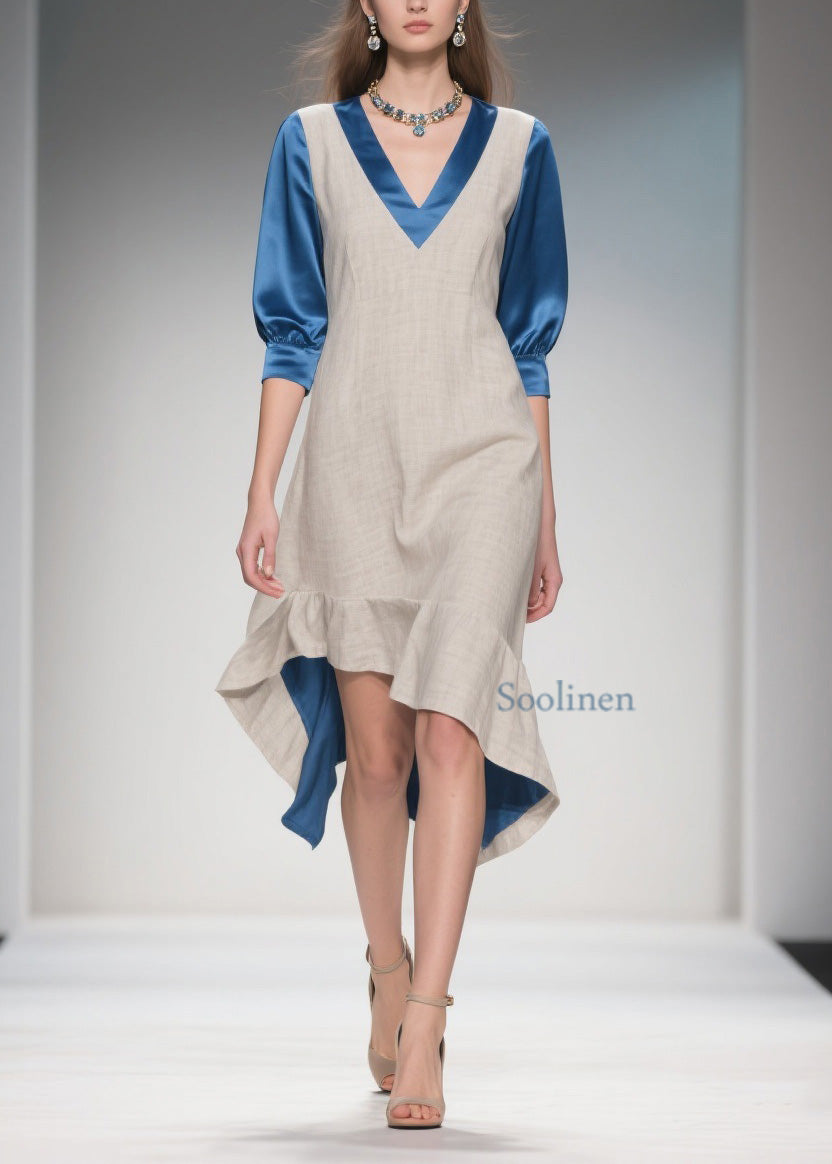 Colorblock Ruffled Patchwork Linen Silk Dress Summer
