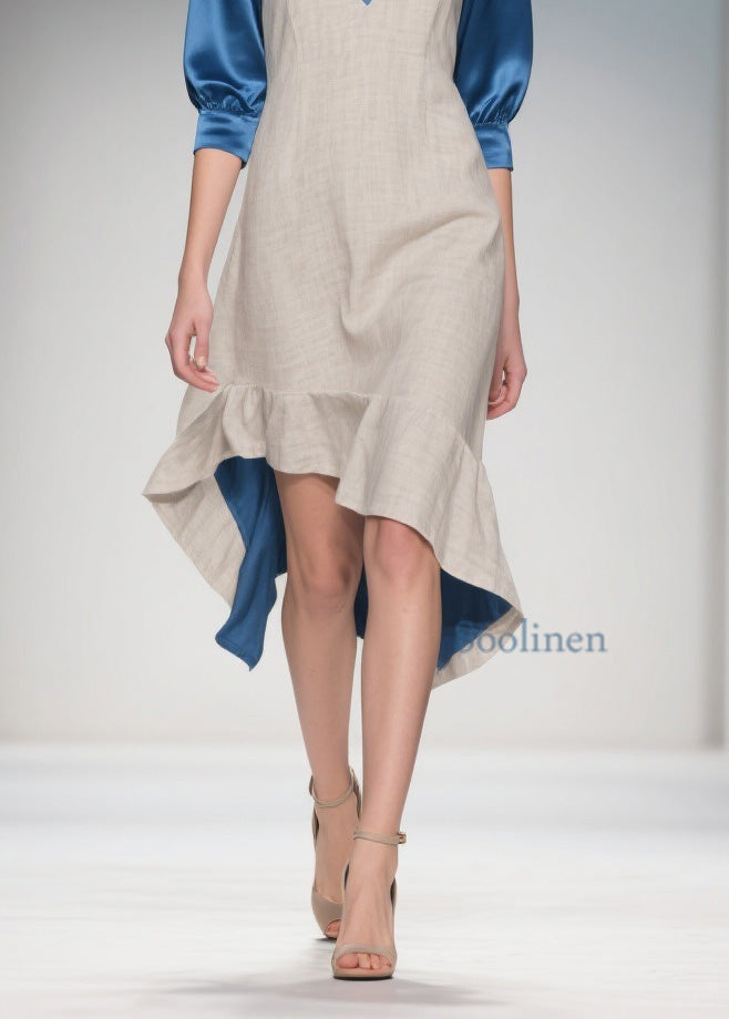 Colorblock Ruffled Patchwork Linen Silk Dress Summer