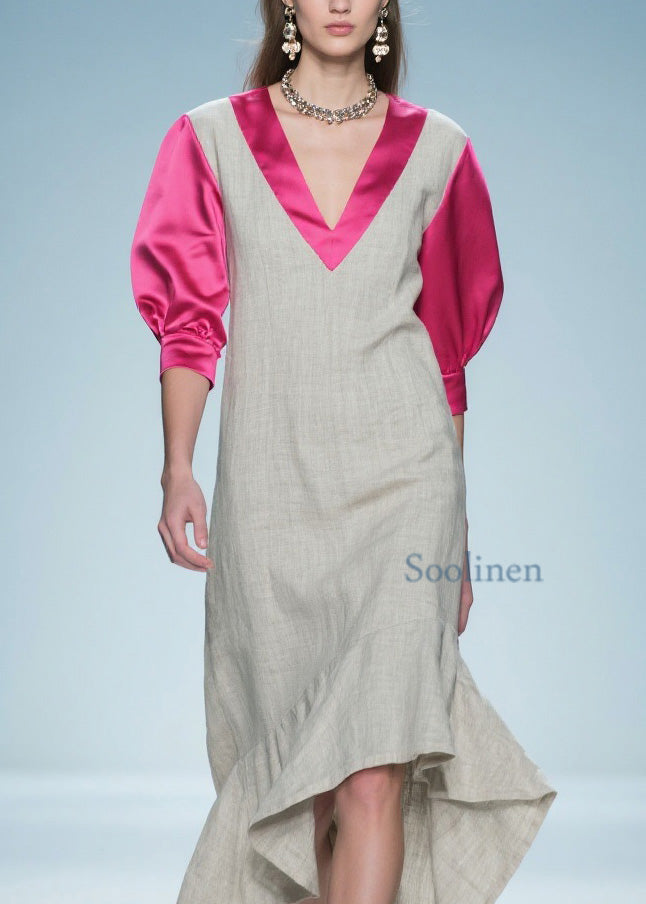 Colorblock Ruffled Patchwork Linen Silk Long Dress Summer