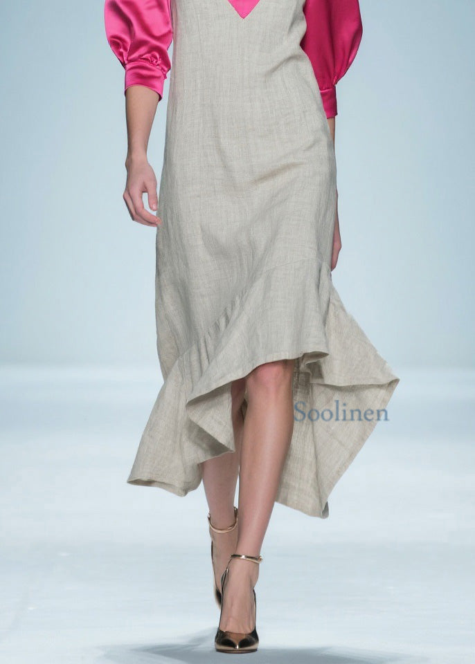 Colorblock Ruffled Patchwork Linen Silk Long Dress Summer