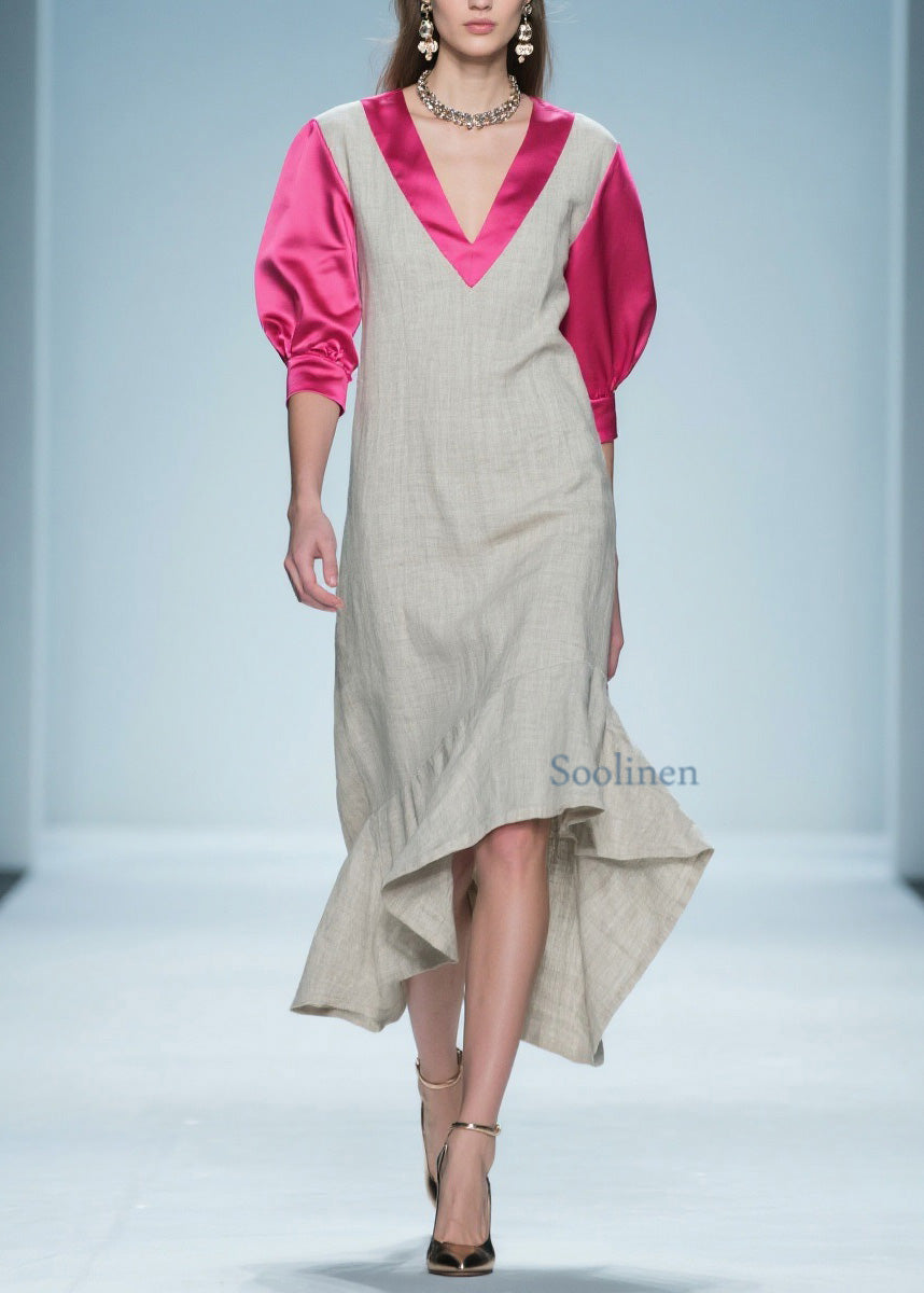 Colorblock Ruffled Patchwork Linen Silk Long Dress Summer