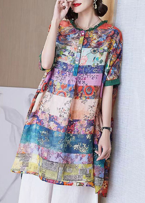 Colorblock Ruffled Print Patchwork Cotton Shirt Top Half Sleeve