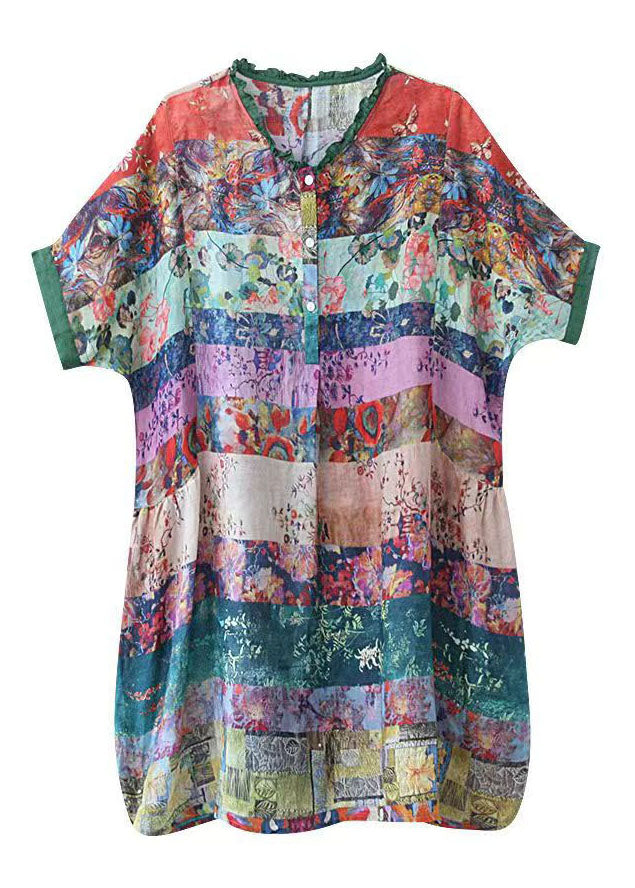 Colorblock Ruffled Print Patchwork Cotton Shirt Top Half Sleeve