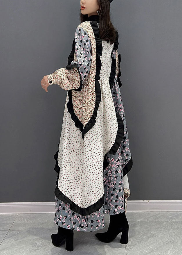 Colorblock Stand Collar Asymmetrical Patchwork Ruffles Long Dress Fall