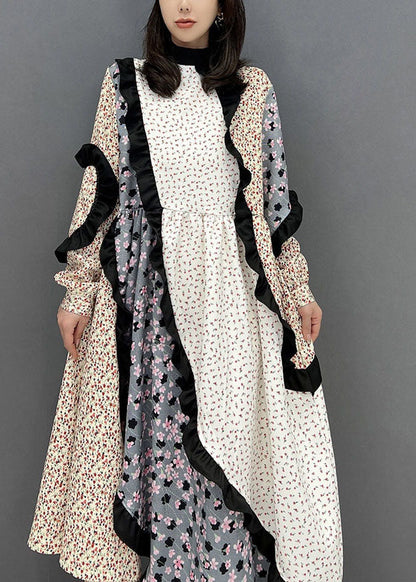 Colorblock Stand Collar Asymmetrical Patchwork Ruffles Long Dress Fall