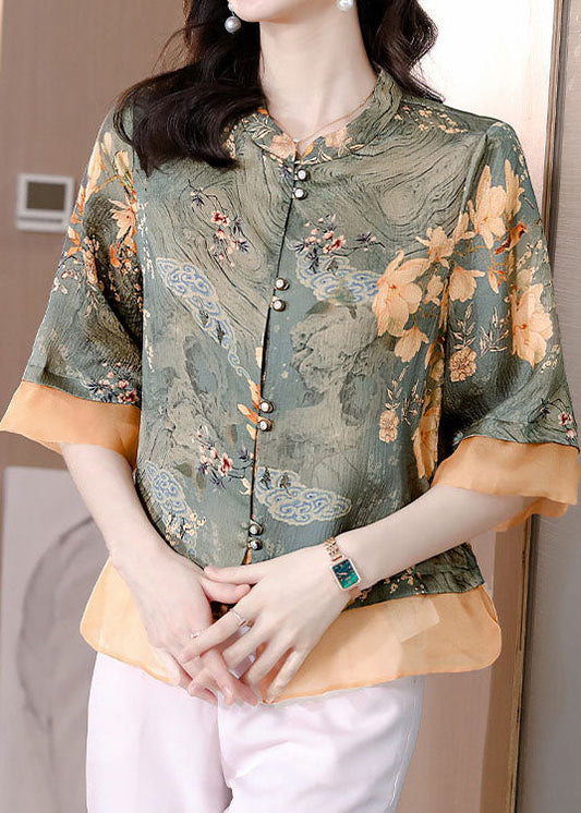 Colorblock Stand Collar Patchwork Print Silk Tops Summer