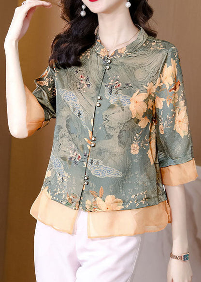 Colorblock Stand Collar Patchwork Print Silk Tops Summer