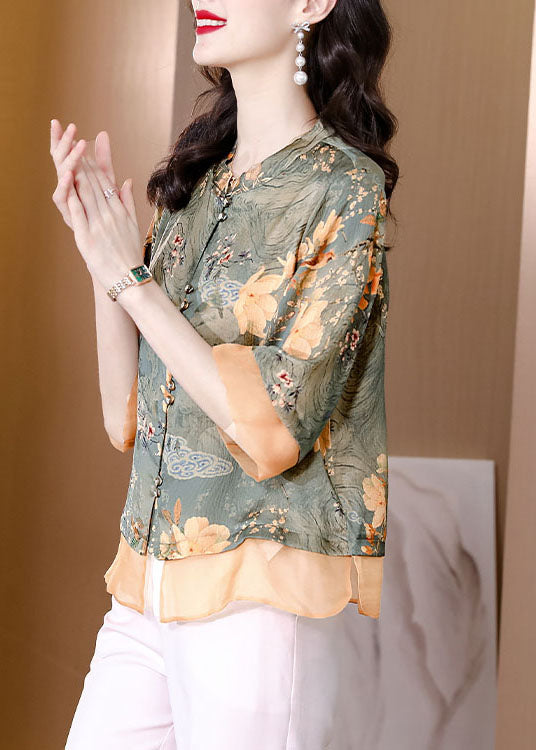 Colorblock Stand Collar Patchwork Print Silk Tops Summer
