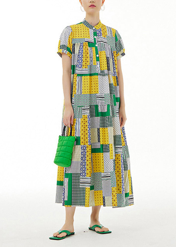 Colorblock Stand Collar Print Exra Large Hem Cotton Long Dresses Summer