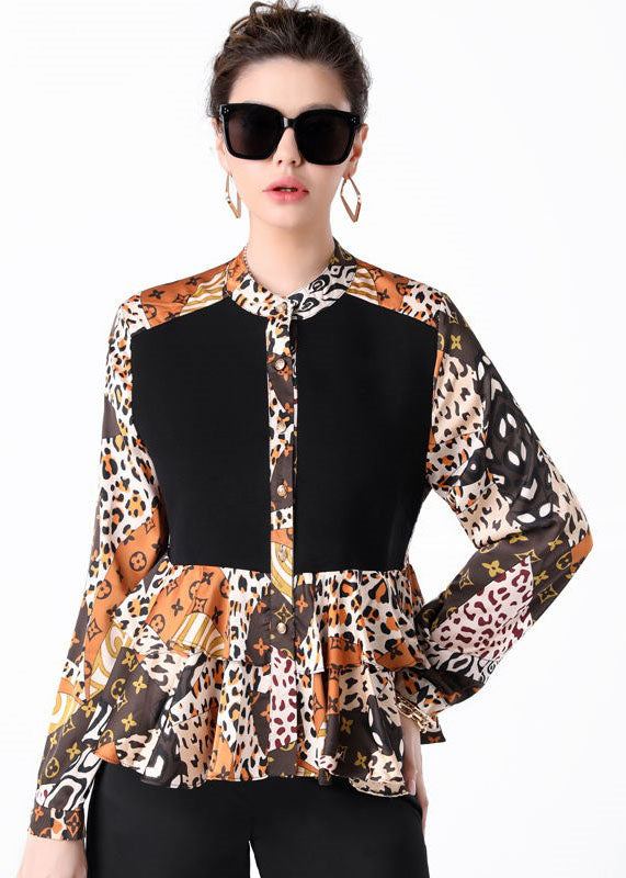 Colorblock Stand Collar Ruffled Print Patchwork Silk Shirts Spring