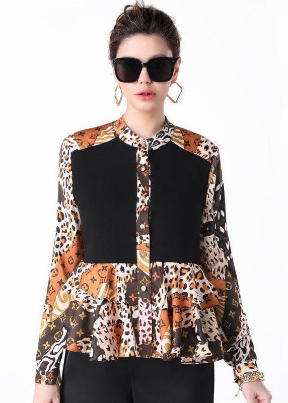 Colorblock Stand Collar Ruffled Print Patchwork Silk Shirts Spring