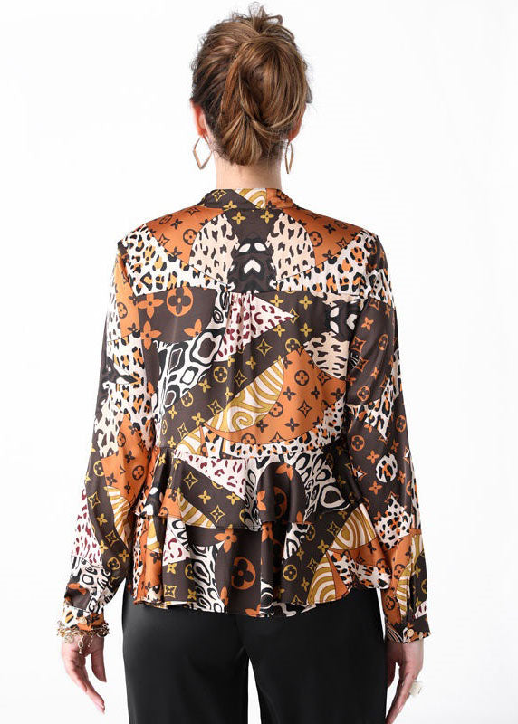 Colorblock Stand Collar Ruffled Print Patchwork Silk Shirts Spring