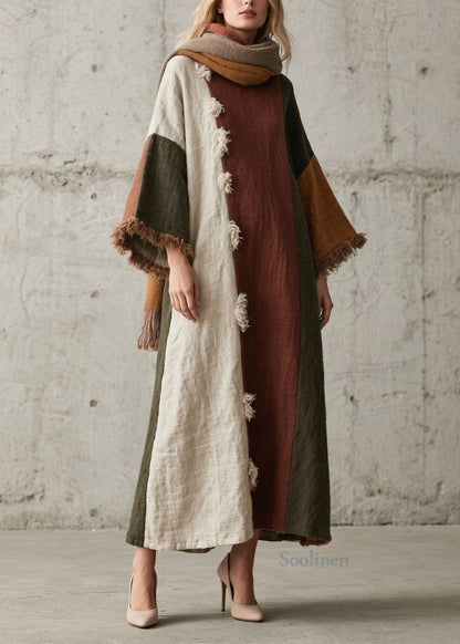 Colorblock Tassel Patchwork Cotton Long Dresses Fall