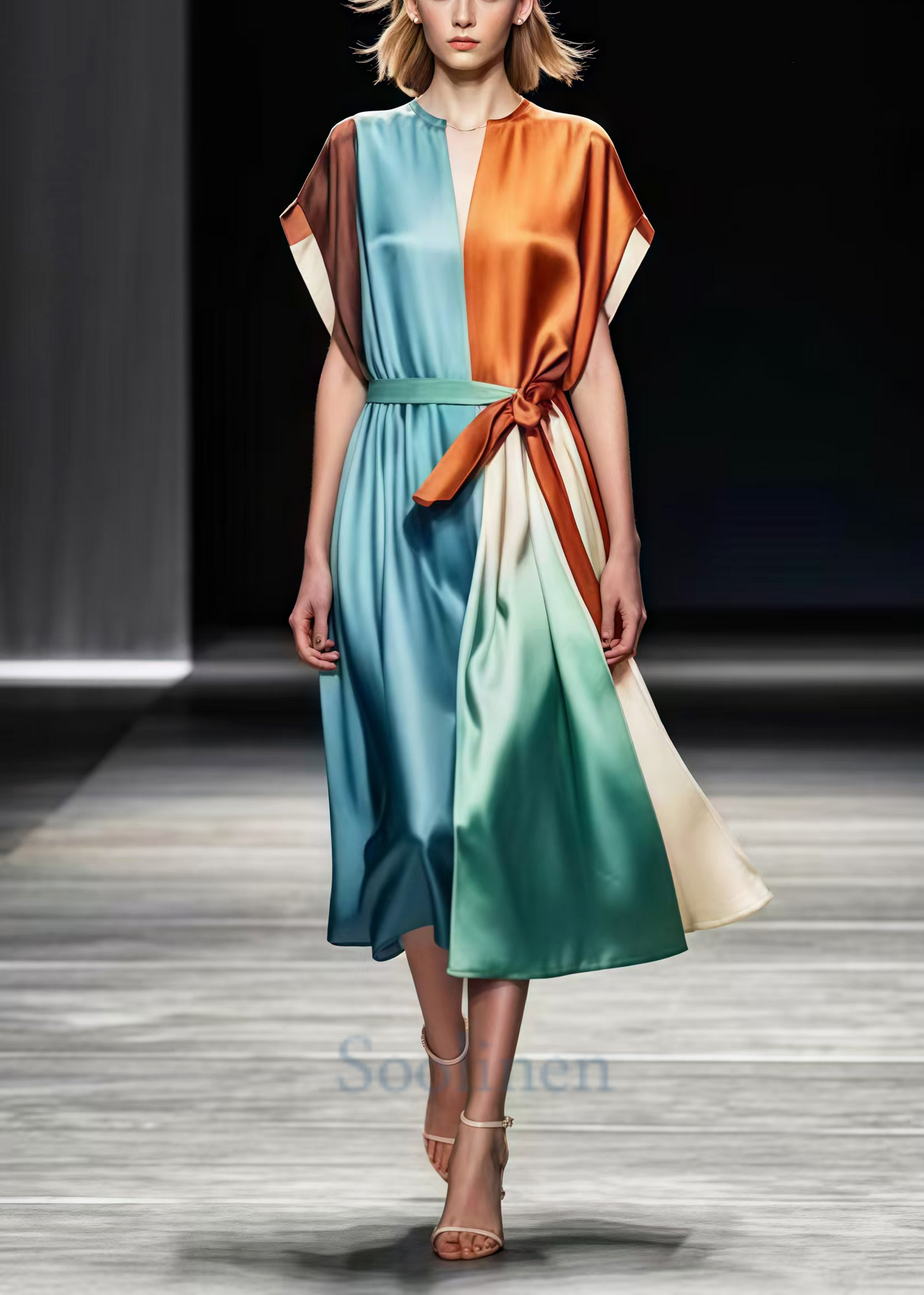 Colorblock Tie Waist Patchwork Silk Vacation Dresses Summer