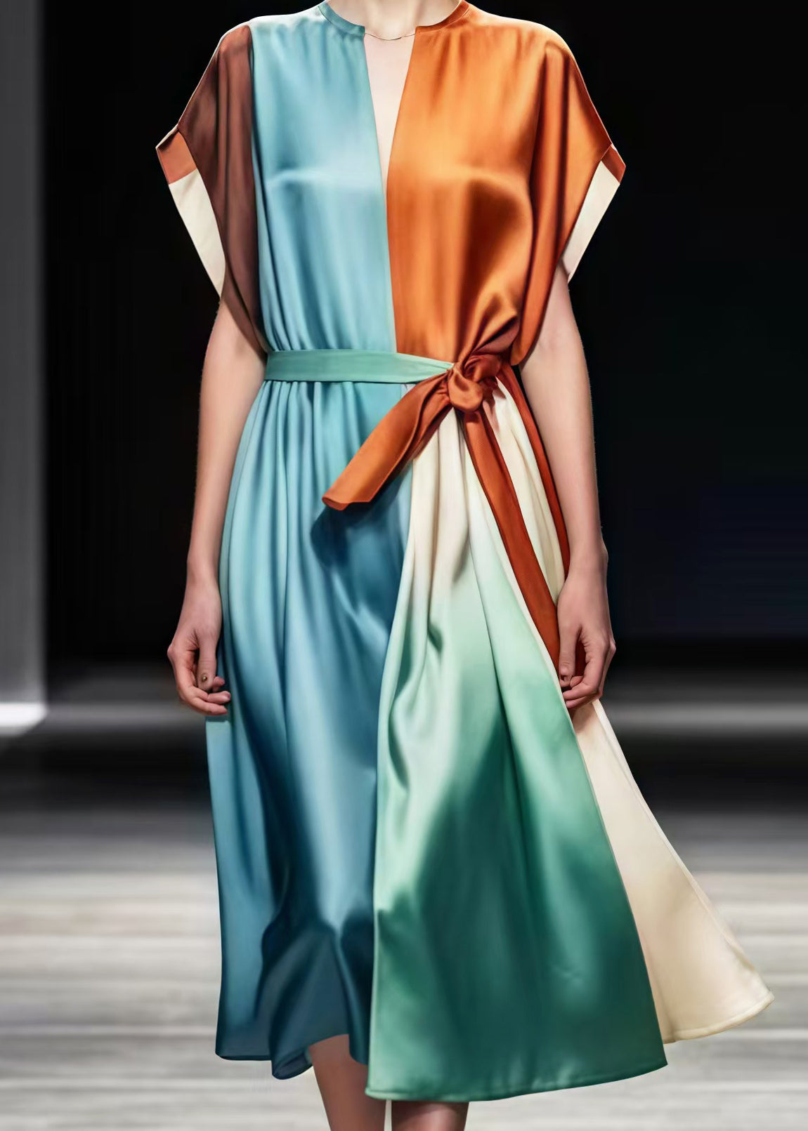 Colorblock Tie Waist Patchwork Silk Vacation Dresses Summer