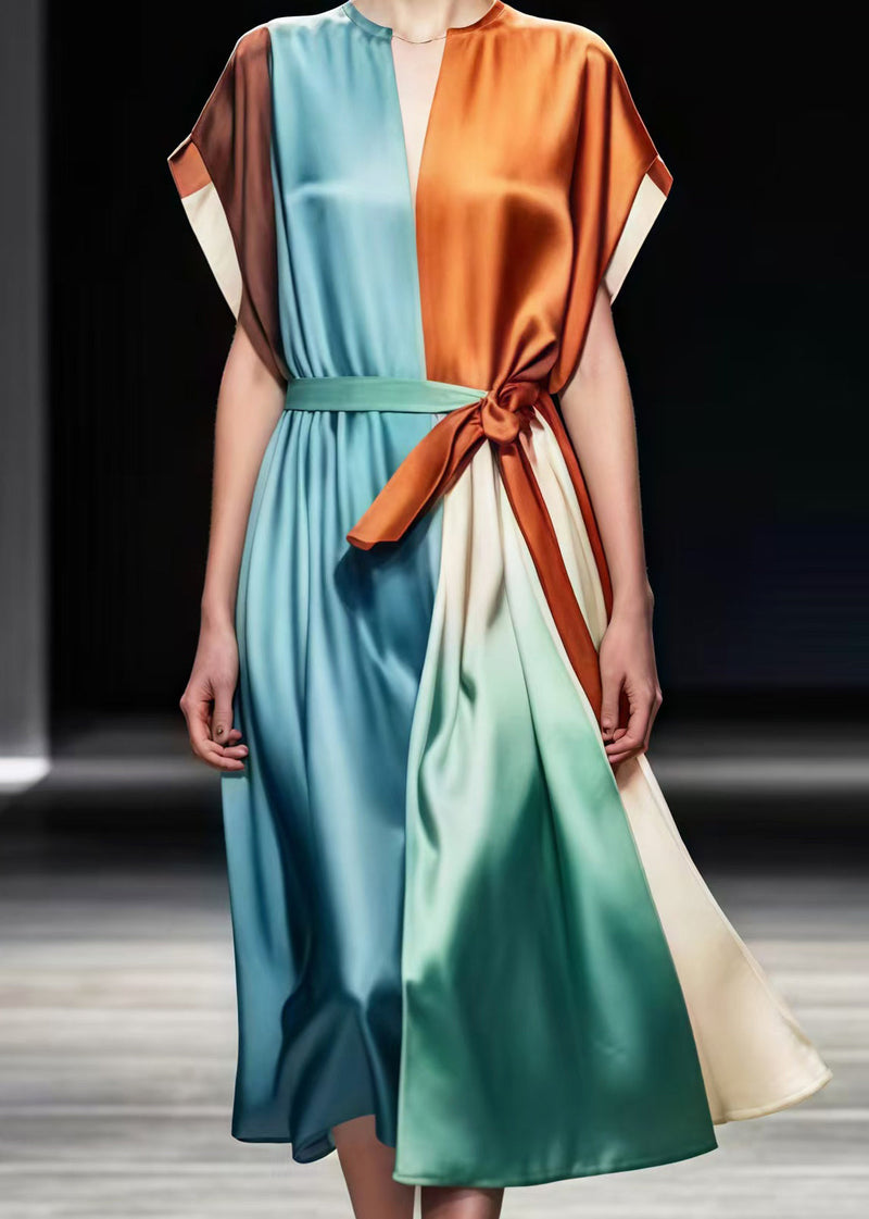 Colorblock Tie Waist Patchwork Silk Vacation Dresses Summer