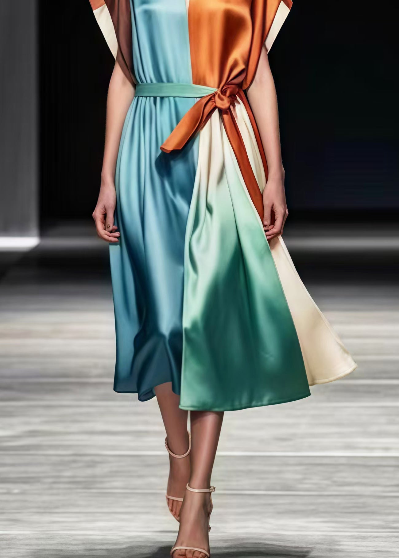 Colorblock Tie Waist Patchwork Silk Vacation Dresses Summer