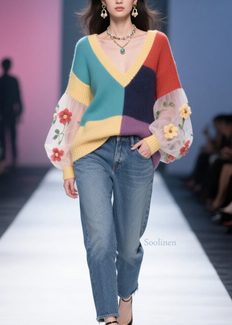 Colorblock Tulle Patchwork Knit Pullover Fall