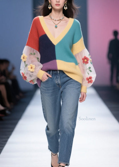 Colorblock Tulle Patchwork Knit Pullover Fall