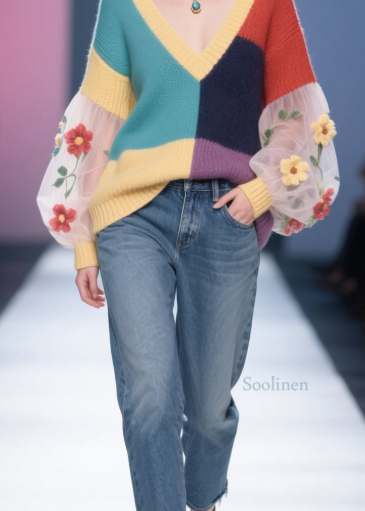 Colorblock Tulle Patchwork Knit Pullover Fall