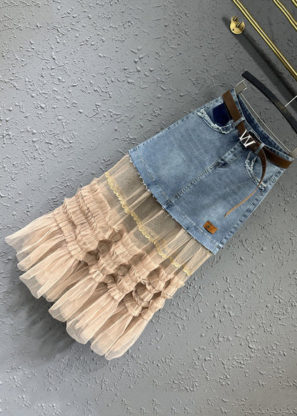 Colorblock Tulle Ruffled Pockets Patchwork Denim Skirt Fall