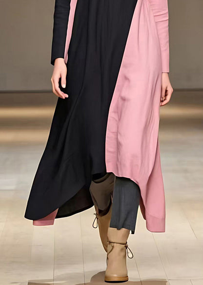 Colorblock Turtleneck Patchwork Button Long Dress Fall