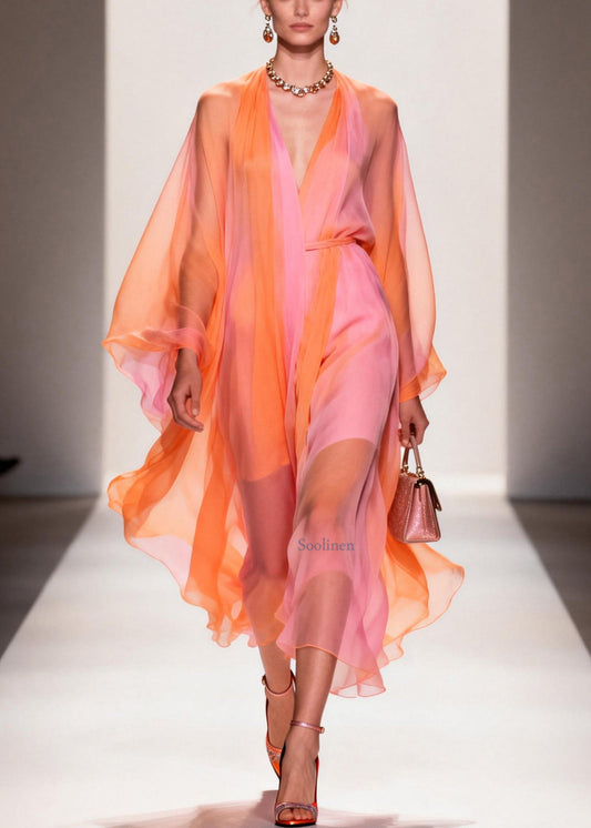 Colorblock V Neck Chiffon Holiday Dress Summer