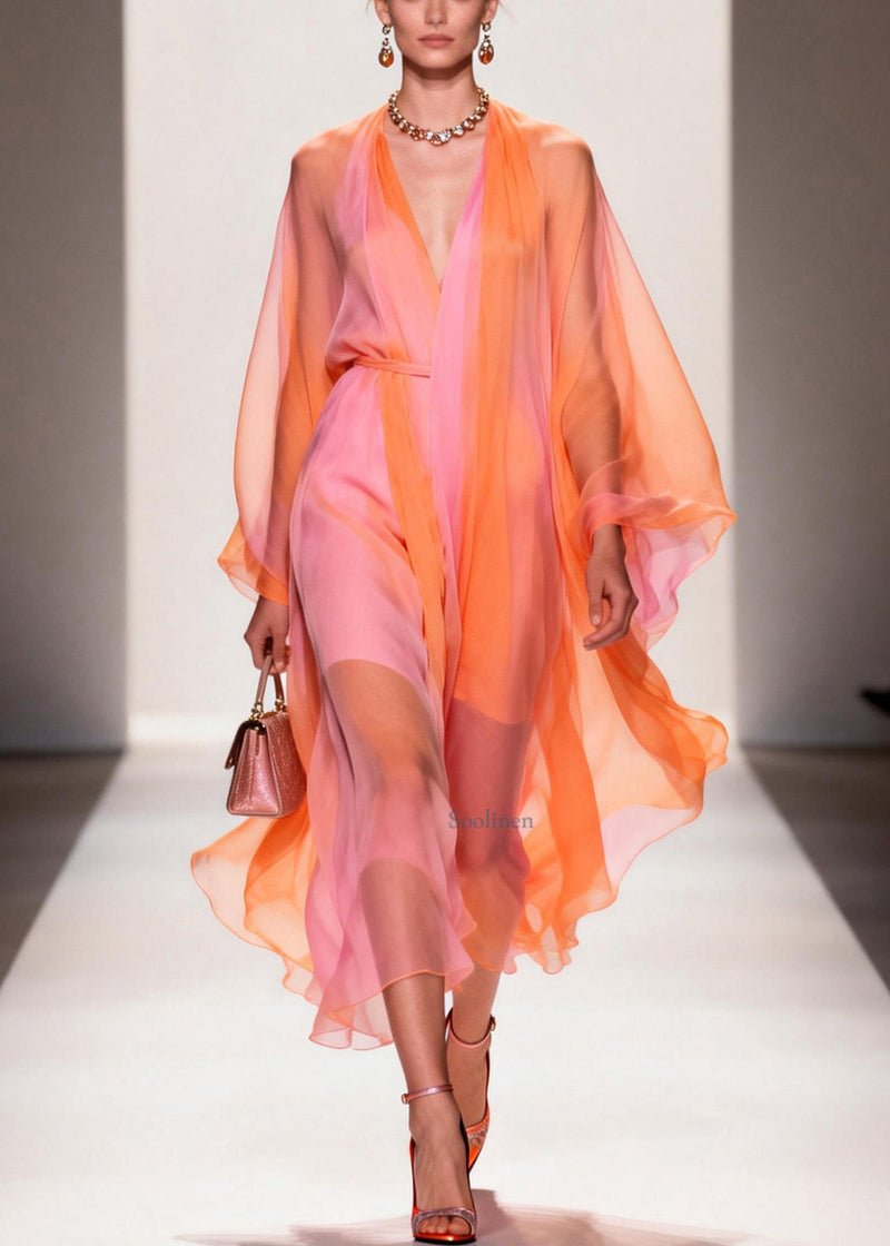 Colorblock V Neck Chiffon Holiday Dress Summer