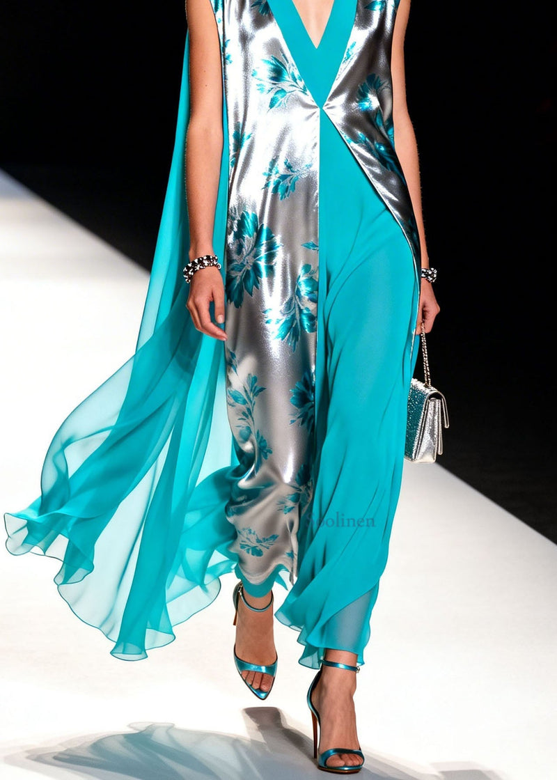 Colorblock V Neck Patchwork Chiffon Dress Summer