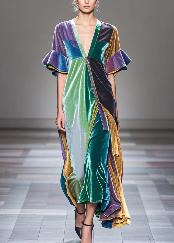 Colorblock V Neck Patchwork Silk Velvet Holiday Dress Flare Sleeve