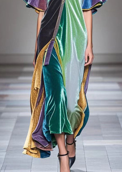 Colorblock V Neck Patchwork Silk Velvet Holiday Dress Flare Sleeve