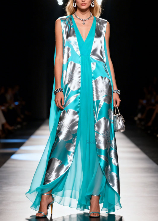 Colorblock V Neck Print Chiffon Dresses Sleeveless