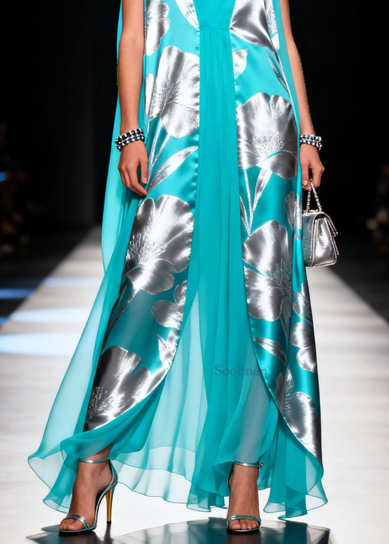 Colorblock V Neck Print Chiffon Dresses Sleeveless